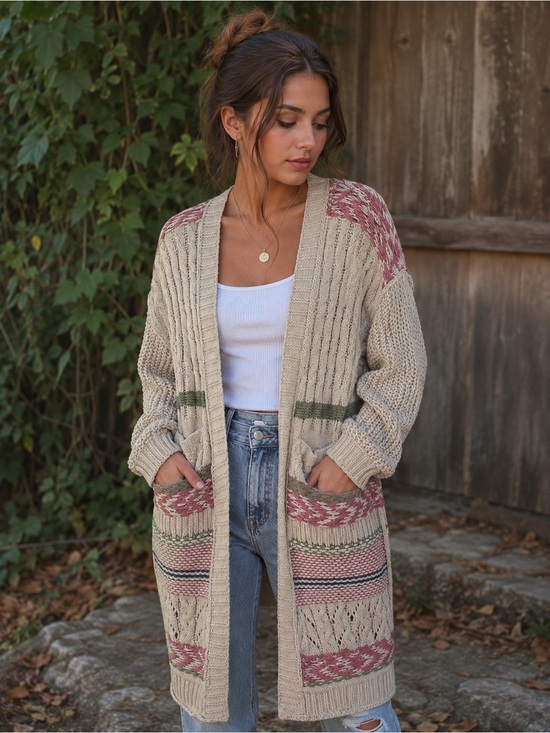 POL Sweaters - POL Beige & Dusty Rose Patterned Open-Front Knit Cardigan Sweater